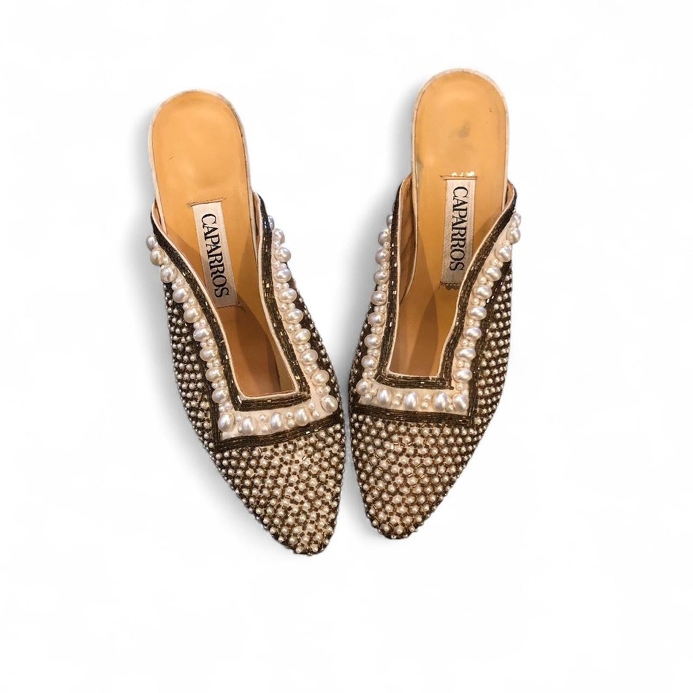 Caparros Black and Gold Pearl Embellished Mules